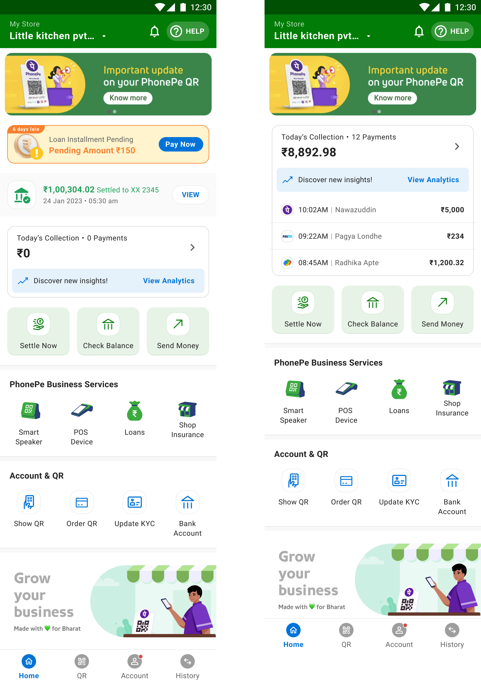 Before and after redesign of PhonePe for Business merchant home screen