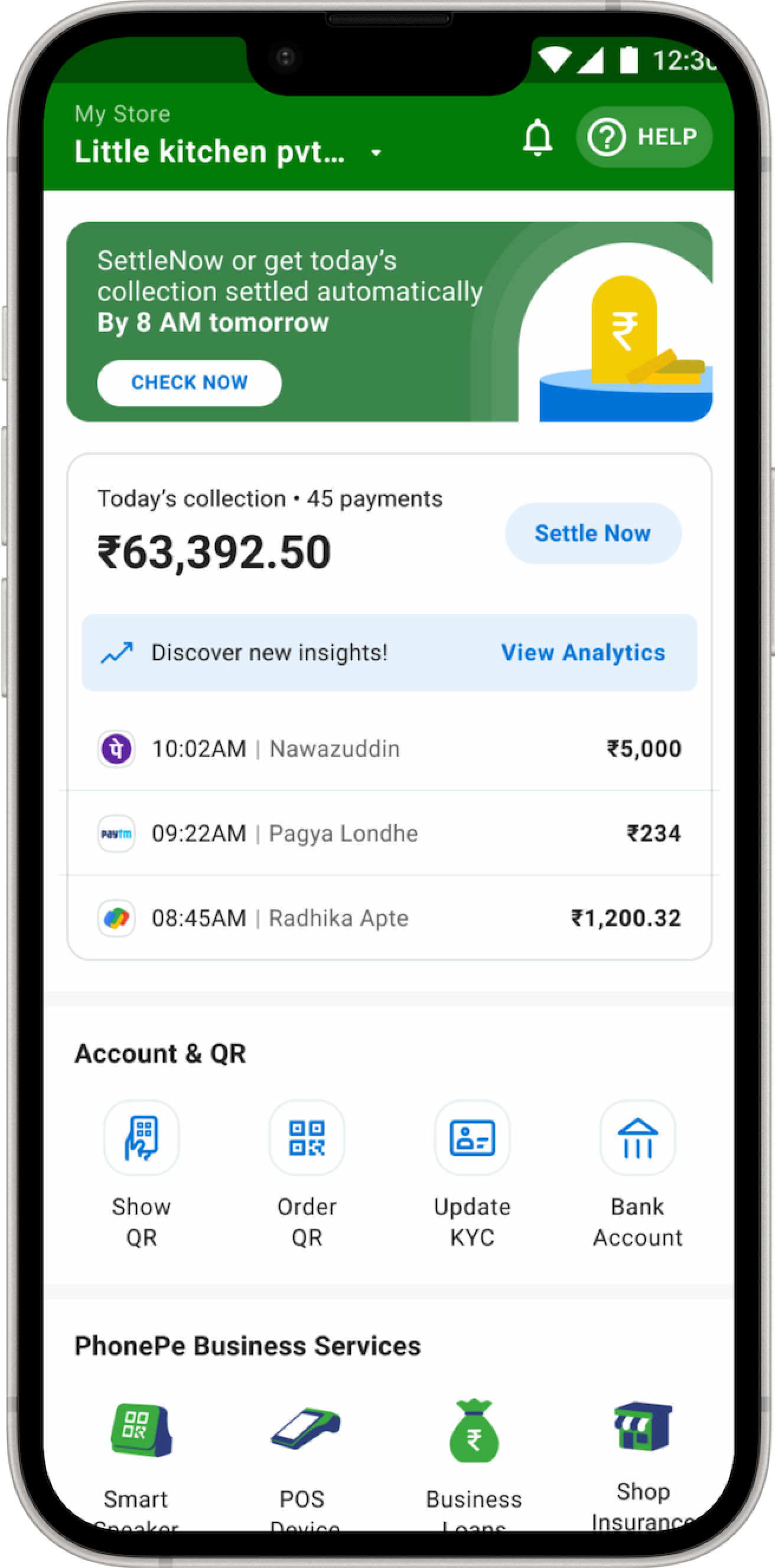 PhonePe for Business Merchant Home screen