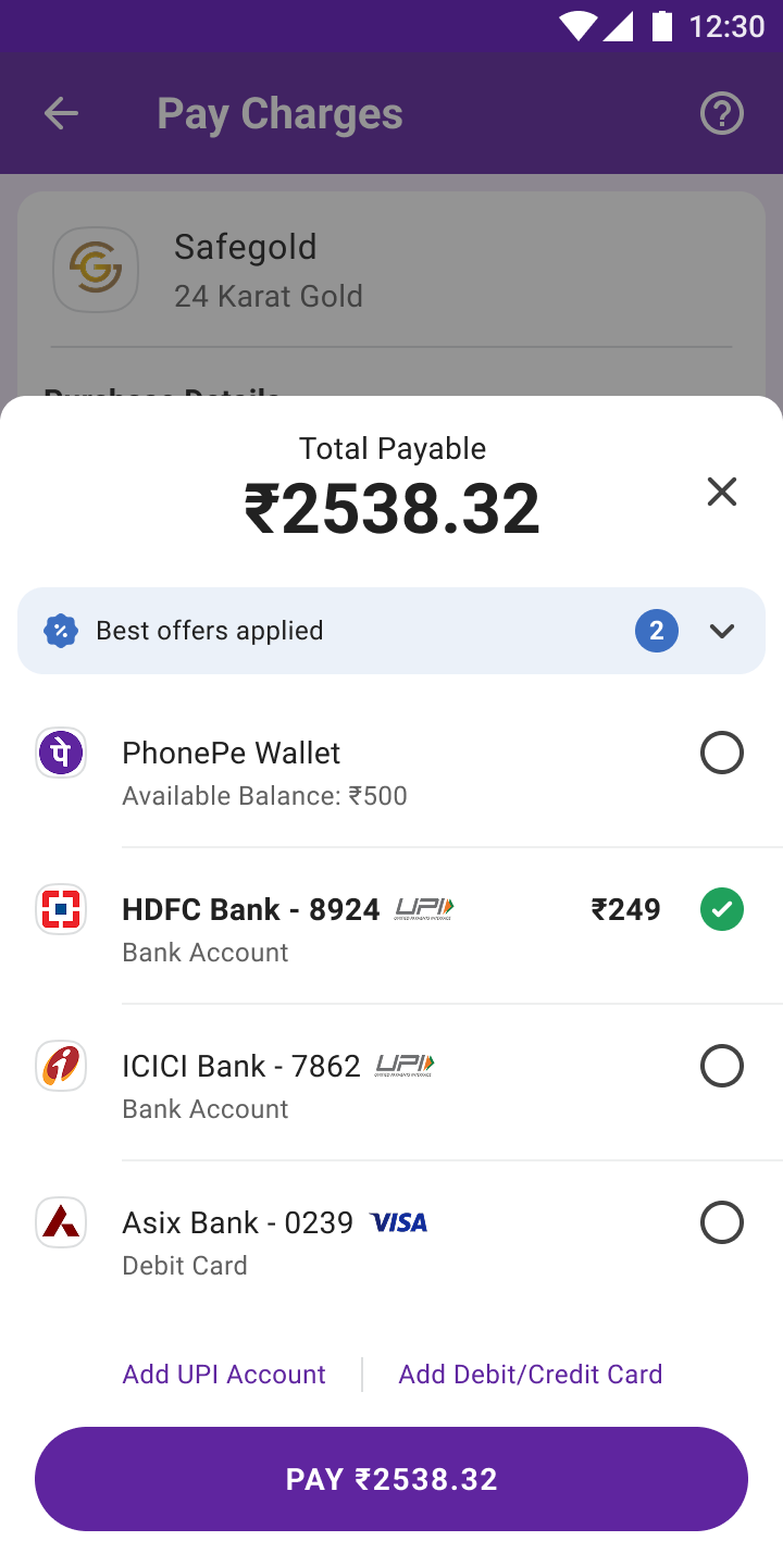 Payment sheet — total payable with offers applied