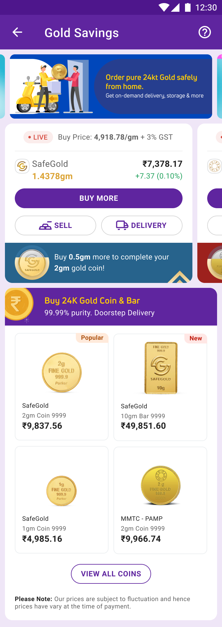 Holdings with milestone nudge — 0.5gm more to complete a 2gm coin