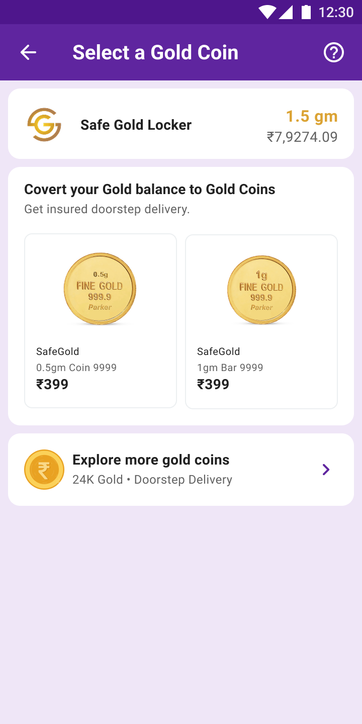 Select a gold coin — convert balance to minted coins