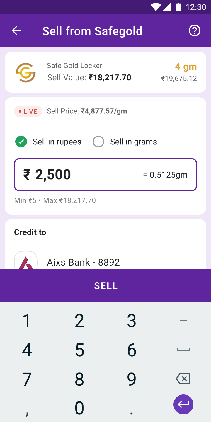 Sell from Safegold — rupees credited to bank