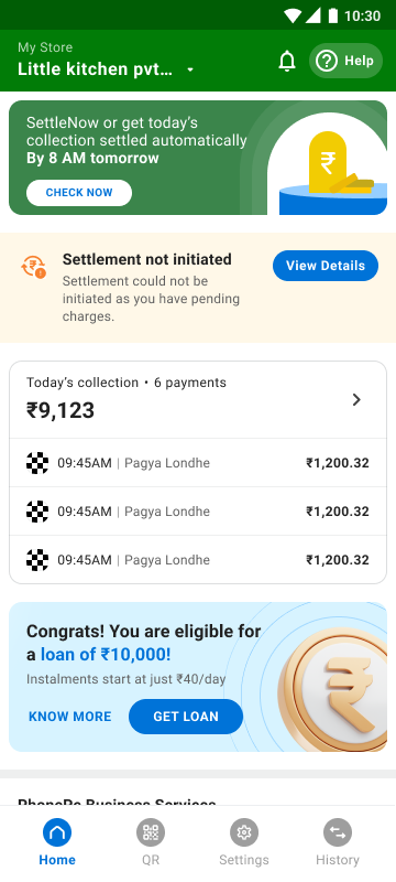 Redesigned home screen showing settlement ribbon and loan eligibility widget in context