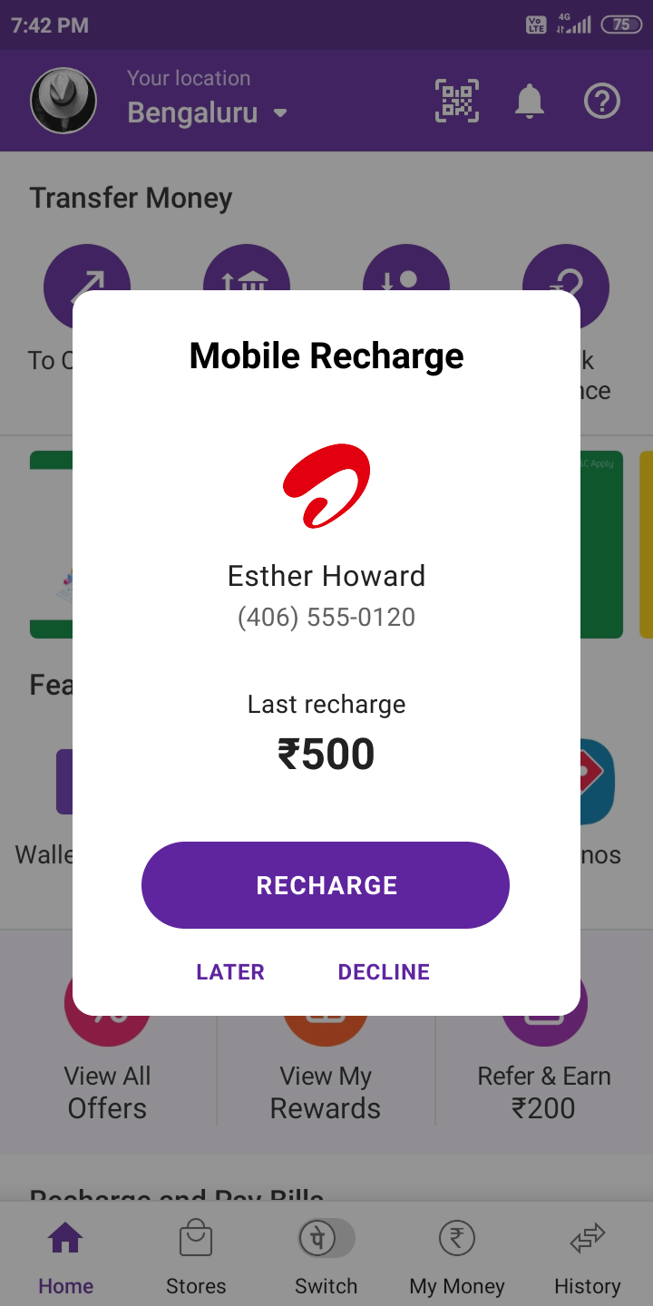 Contextual mobile recharge prompt on the PhonePe home screen