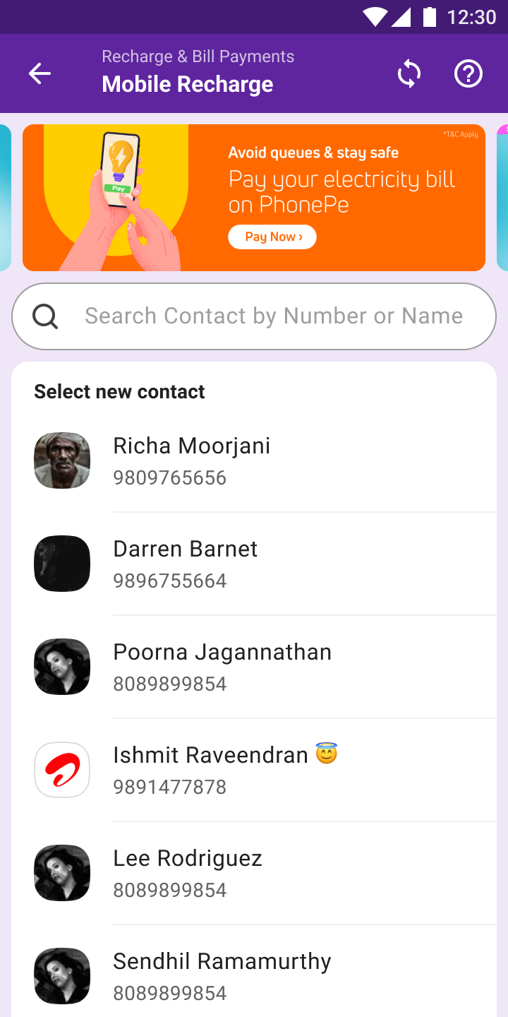 Recharge entry — pick a contact, operator auto-detected