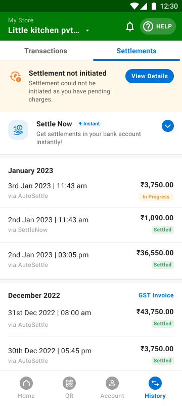 Settlements tab — Settlement Not Initiated banner with View Details CTA