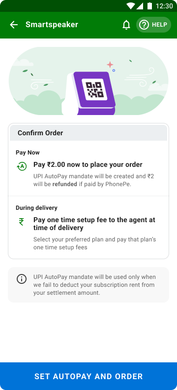 Confirm Order — Pay ₹2 now via AutoPay, setup fee at delivery